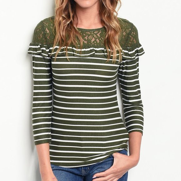 Olive White Stripe Lace Ruffle Soft Stretch Top - Picture 2 of 7